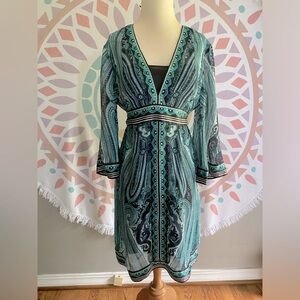 Art Deco Long Sleeve Sheer & Satin Dress with Black Slip Emerald